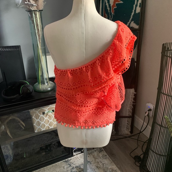 SAYLOR Bess fringe pom pom embroidered ruffle eyelet coral one shoulder - Picture 10 of 12